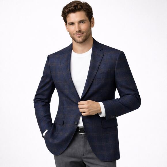 Michael Kors 100% Wool Navy Blue Plaid Sport Coat Blazer Jacket Men’s 42L